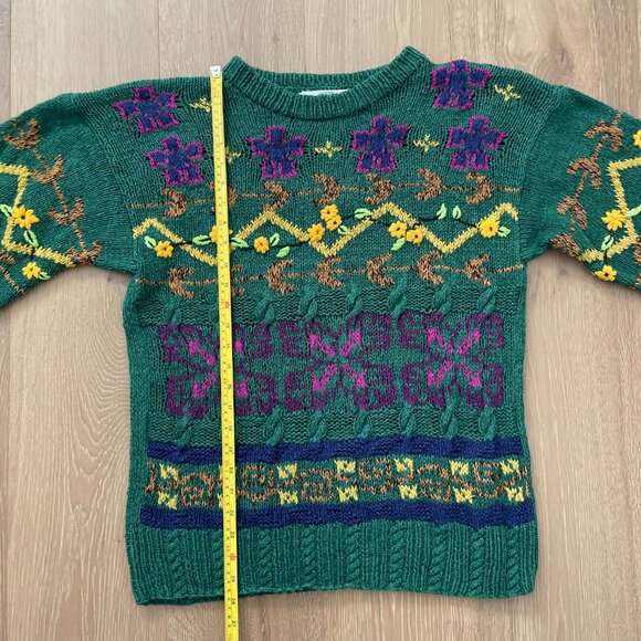 Vintage 90s Cabin Fever Sweater Women Large Hand Knitted Green Flowers Grandma - Picture 7 of 16